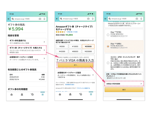 バニラVISAカードでamazonギフト券にチャージするまでの手順画像