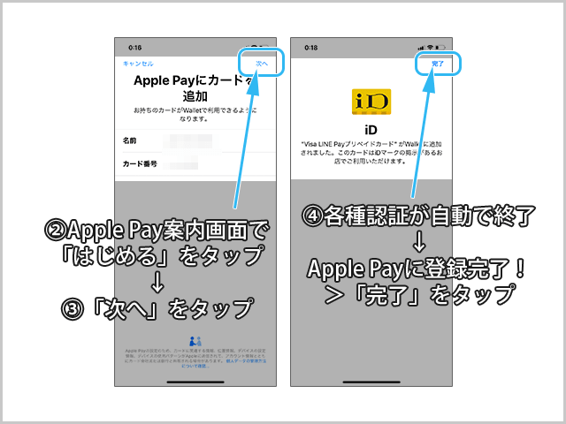 Visa LINE PayプリペイドカードApple Pay登録から認証、登録までの操作手順