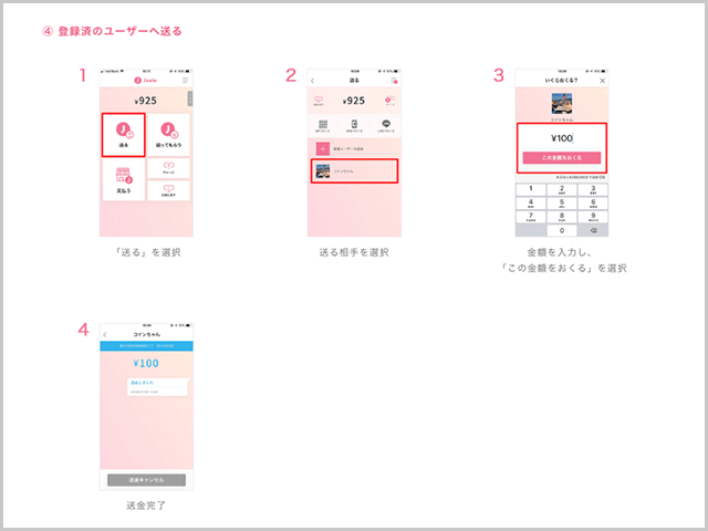 J-Coin Payの使い方
登録済ユーザーへ送金までの手順紹介