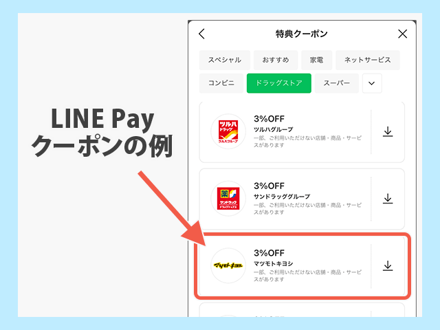  LINE Payで配布されているマツモトキヨシのクーポン一例